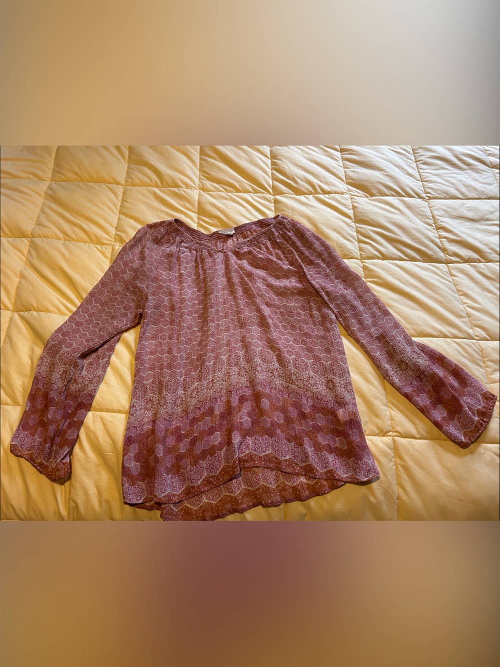 Garnet Hill Silk Dusty Mauve Printed Boho Peasant Top